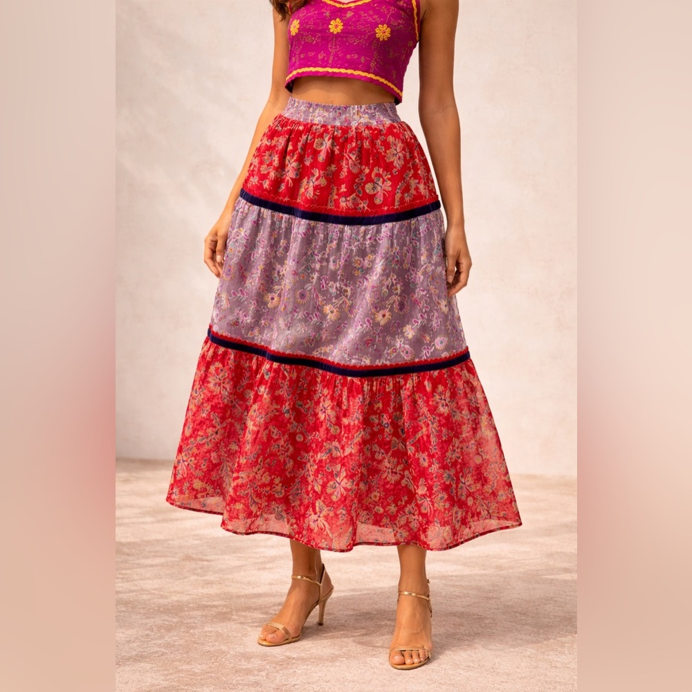 Celia B Velvet Burnout Metallic Tiered Midi Skirt Boho Statement Maximalist Sz S
